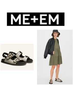 ME+EM Italian Leather Sandals EU 38.5 US 7.5–8 Black Ivory Buckle Slingback Flat